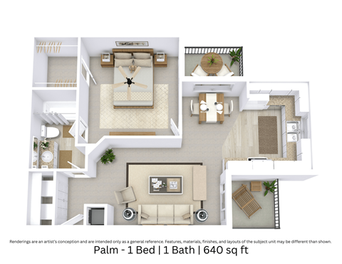 Floor plan for 1 bed, 1 bath, 640 sqft
